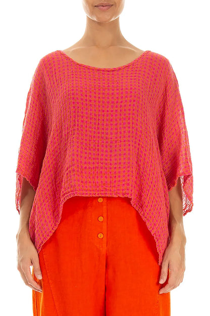 Boxy Pink Orange Check Gauze Linen Blouse 1