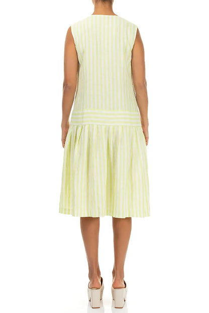 Button Detail Lime Striped Linen Dress 2