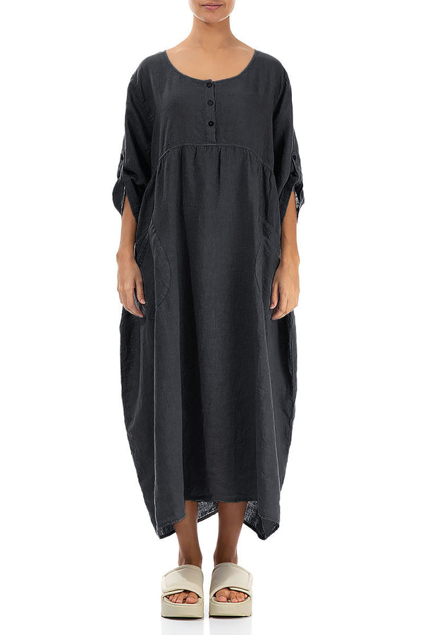 Buttoned Graphite Linen Dress 1
