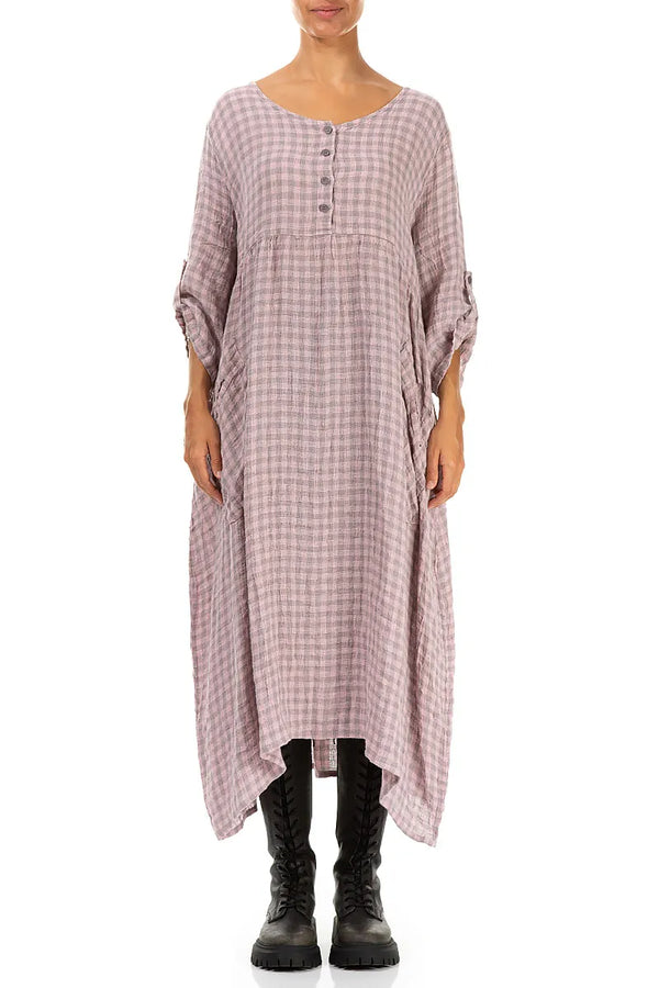 Buttoned Pink Check Linen Dress