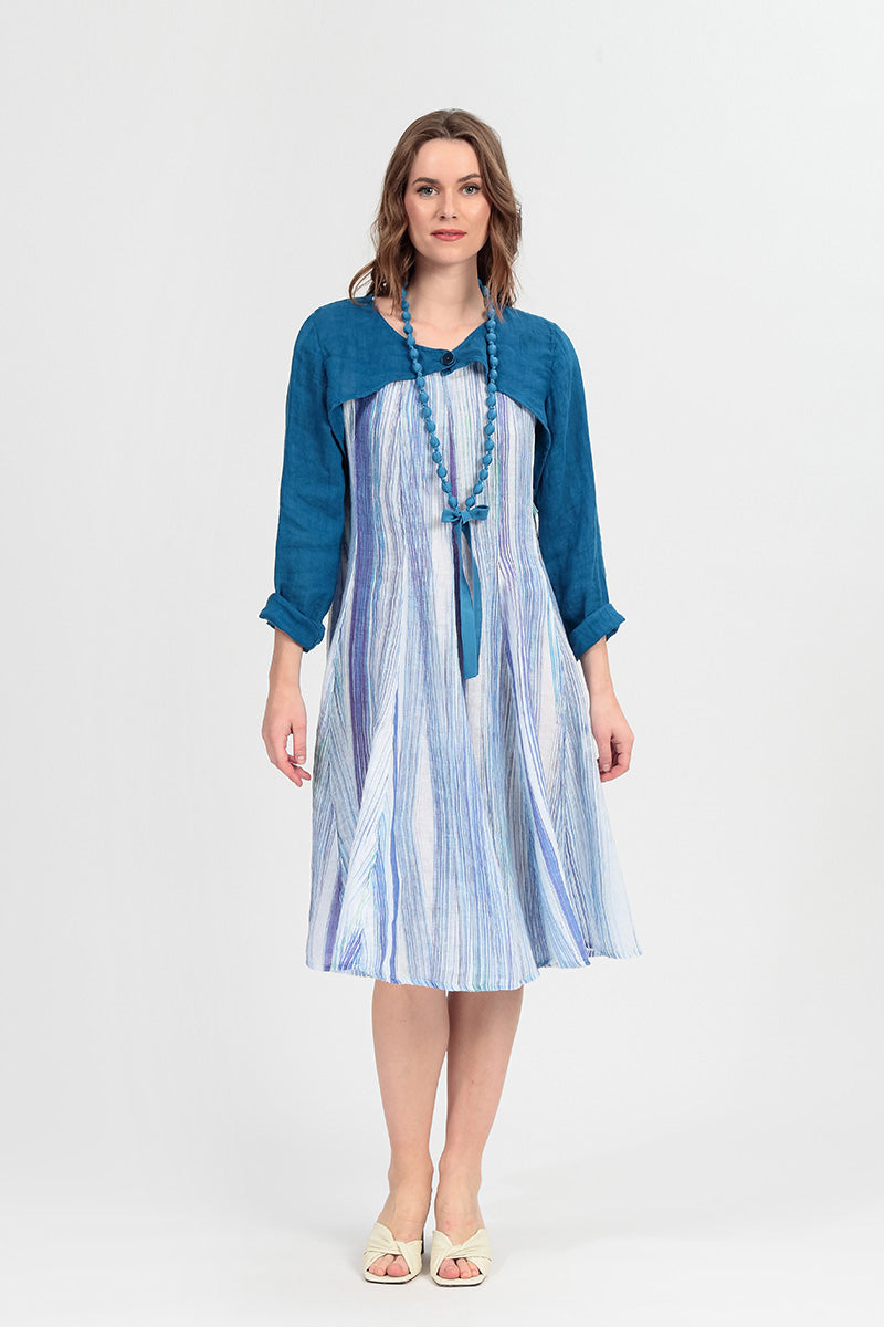 Flared Blue Wash Stripe Linen Dress 6