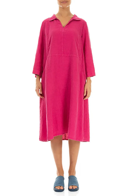 Collar Neck Fuchsia Linen Dress 1
