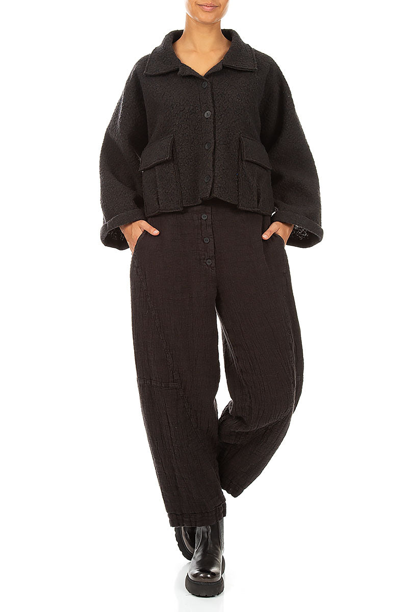Collar Neck Short Charcoal Plush Wool Coat