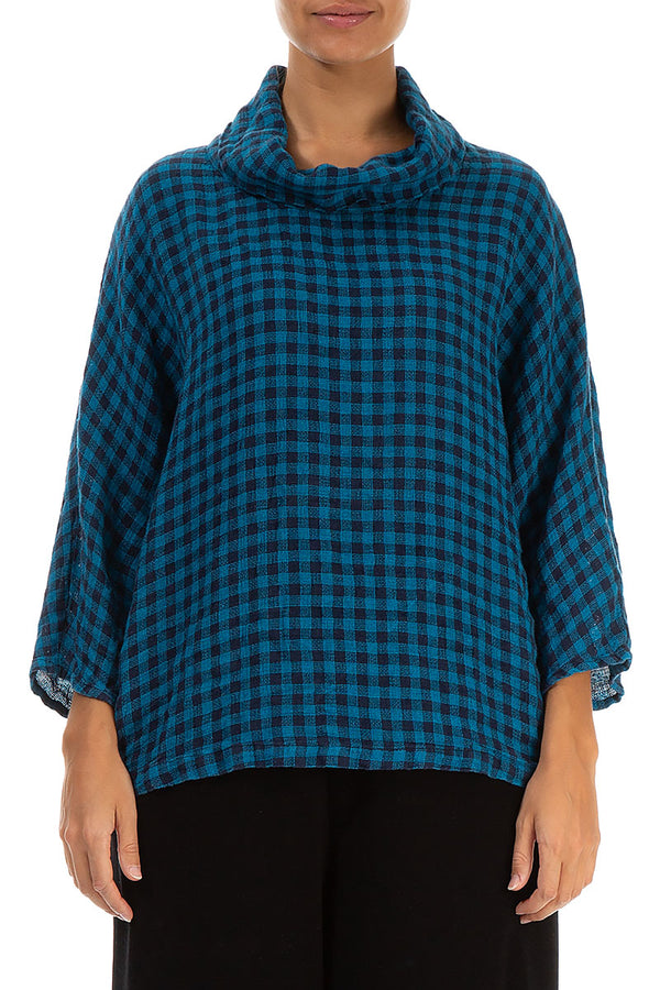 Cowl Neck Blue Check Linen Blouse 1