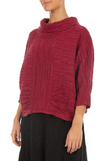 Cowl Neck Crinkled Ruby Silk Linen Blouse 3