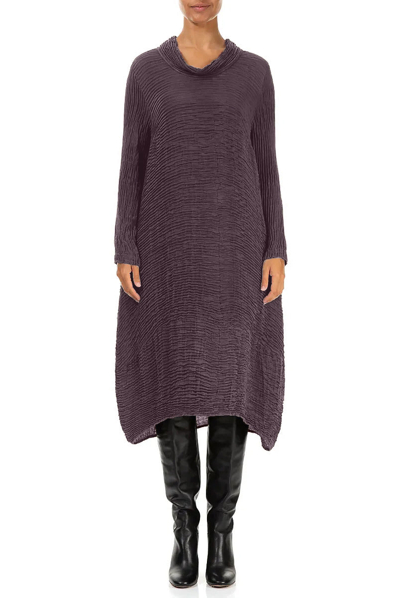 Cowl Neck Deep Plum Plissé Silk Dress
