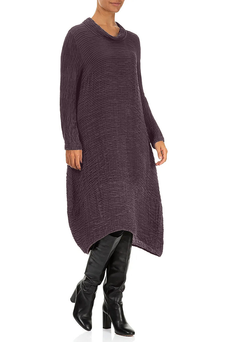 Cowl Neck Deep Plum Plissé Silk Dress