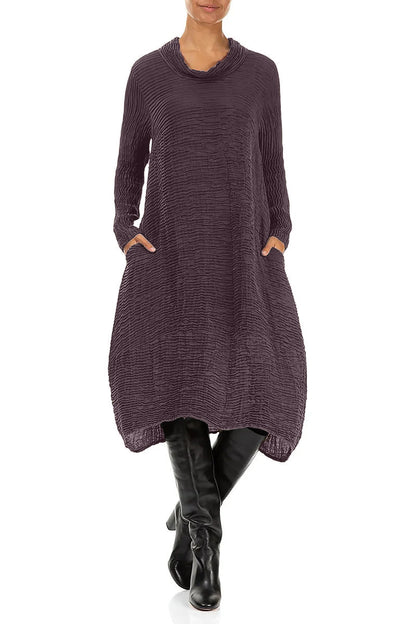 Cowl Neck Deep Plum Plissé Silk Dress
