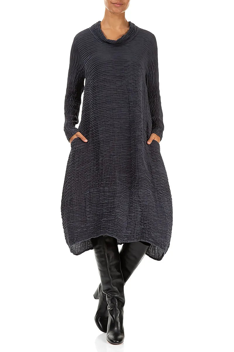 Cowl Neck Graphite Blue Plissé Silk Dress 4
