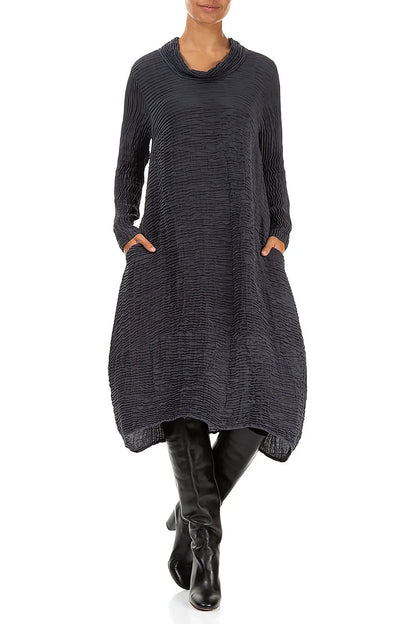 Cowl Neck Graphite Blue Plissé Silk Dress 4