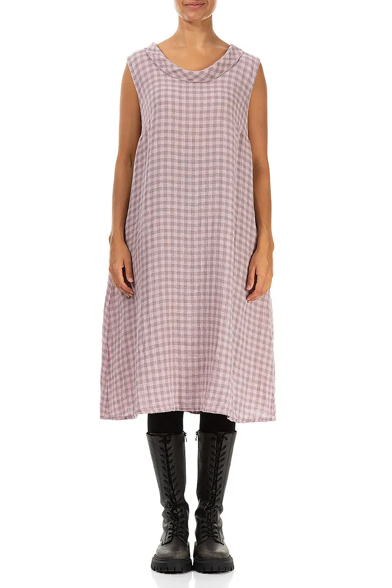 Cowl Neck Pink Check Linen Midi Dress