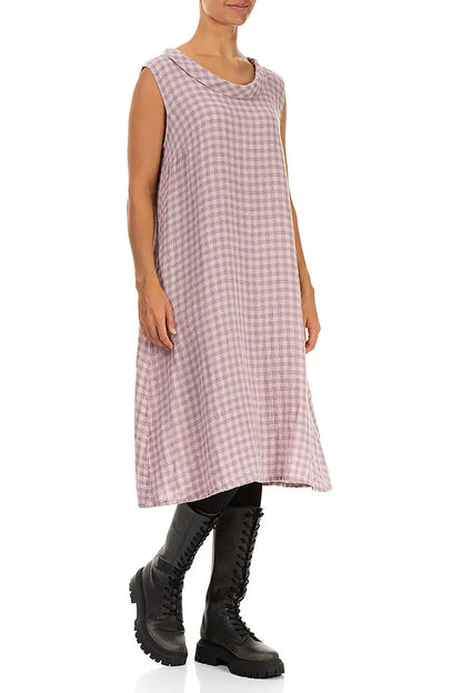 Cowl Neck Pink Check Linen Midi Dress