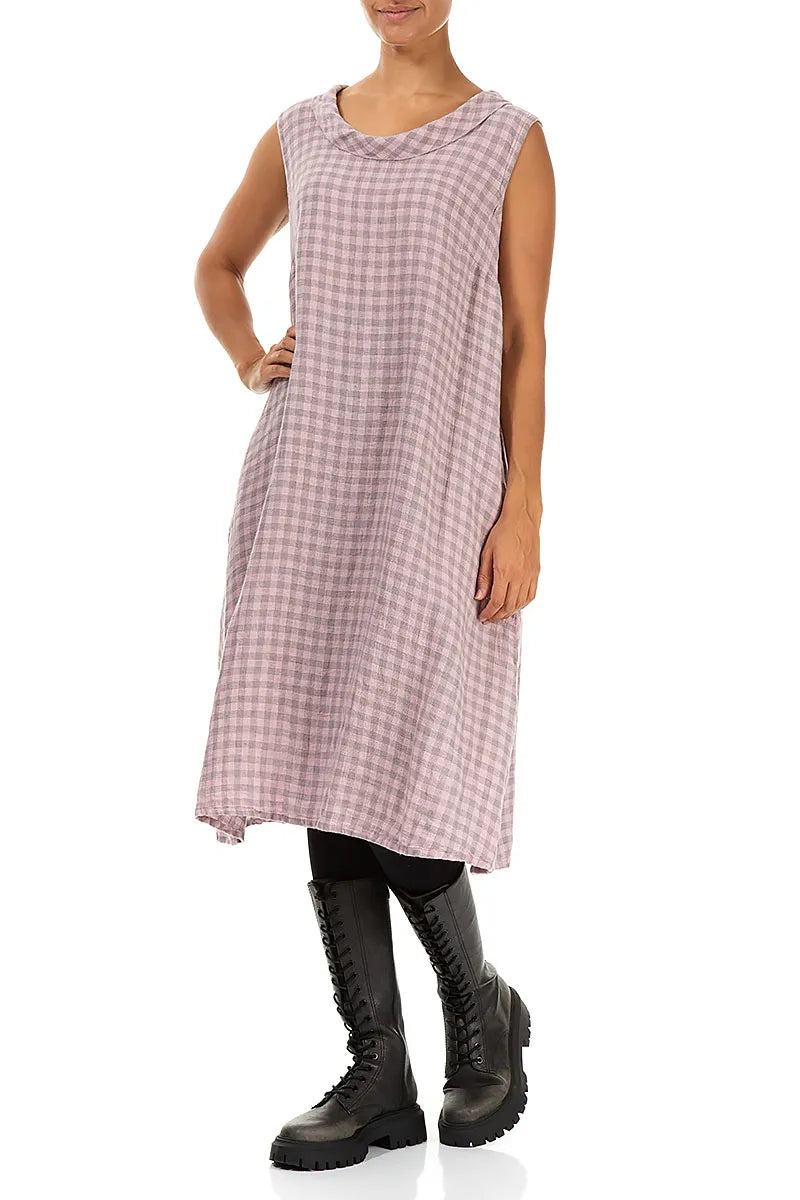 Cowl Neck Pink Check Linen Midi Dress