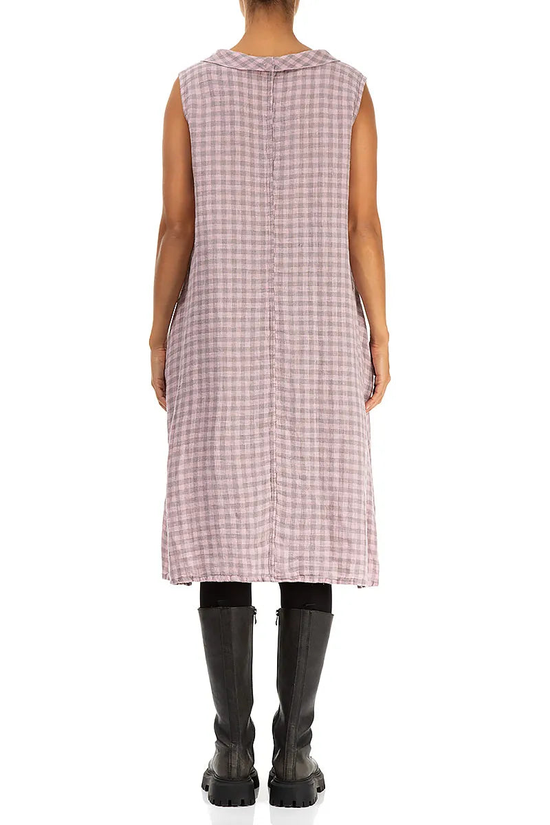 Cowl Neck Pink Check Linen Midi Dress