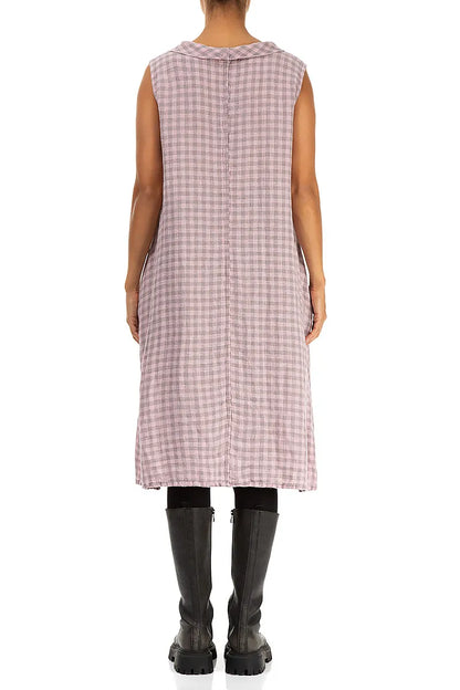 Cowl Neck Pink Check Linen Midi Dress