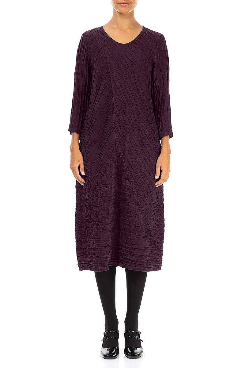 Crinkled Deep Plum Silk Linen Midi Dress