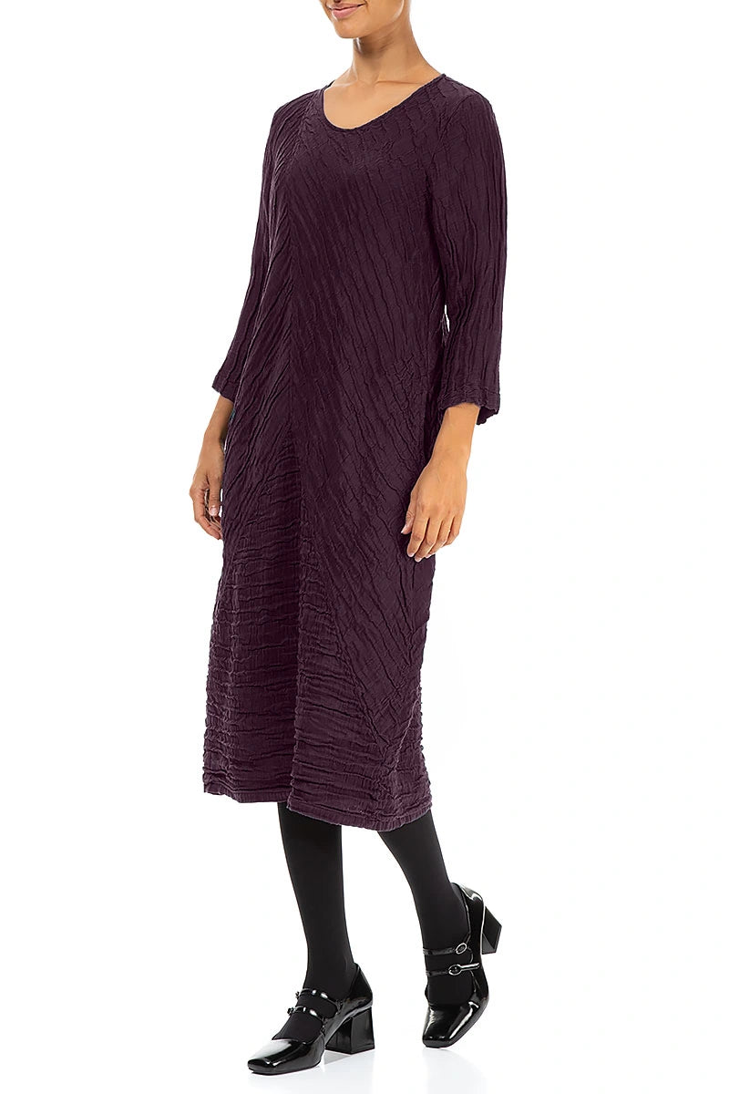 Crinkled Deep Plum Silk Linen Midi Dress