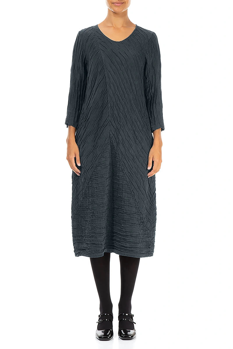 Crinkled Slate Silk Linen Midi Dress
