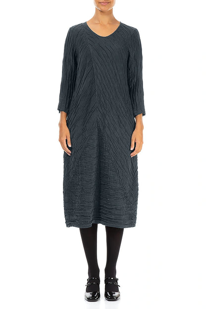 Crinkled Slate Silk Linen Midi Dress