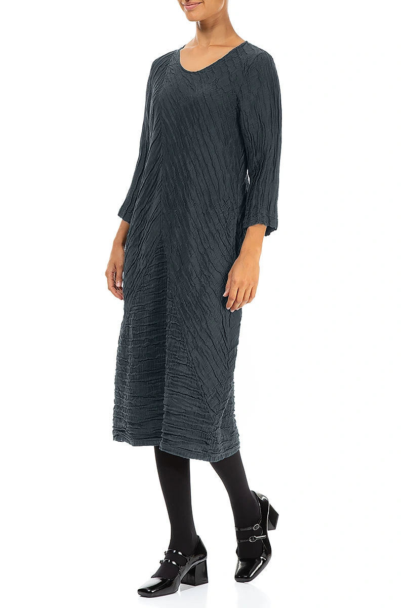 Crinkled Slate Silk Linen Midi Dress