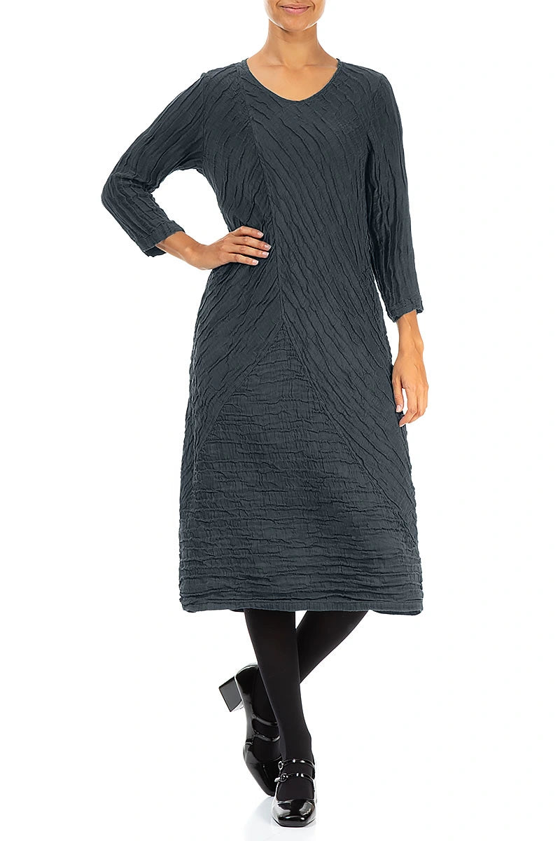 Crinkled Slate Silk Linen Midi Dress