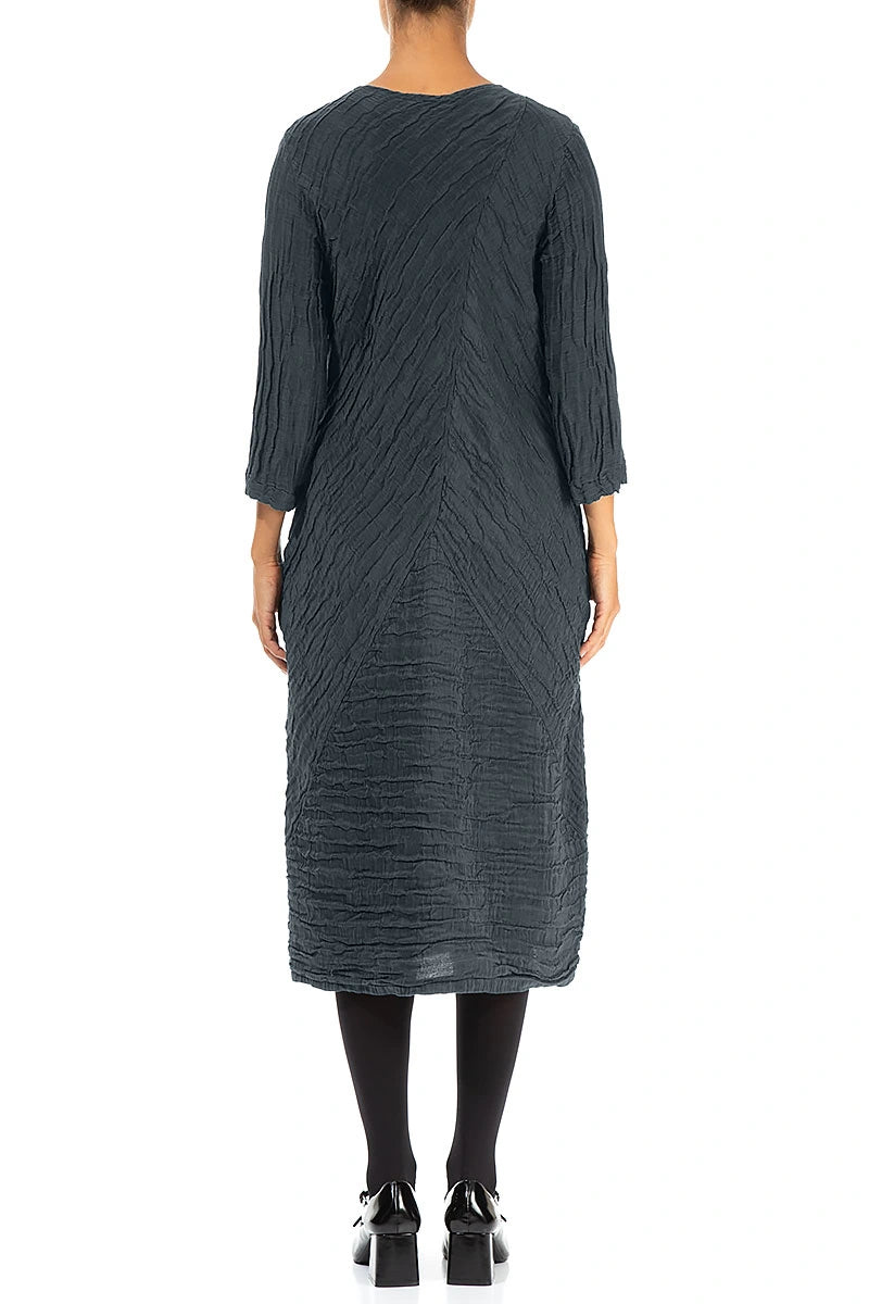 Crinkled Slate Silk Linen Midi Dress
