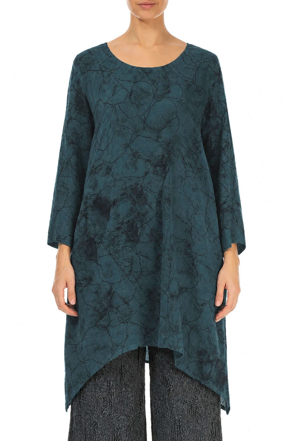 Dropped Edge Deep Turquoise Marble Crinkled Silk Tunic