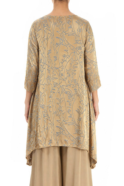 Dropped Edge Olive Devoré Feather Silk Tunic