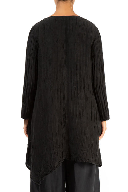 Dropped Side Crinkled Black Silk Linen Jacket 2