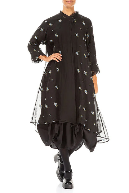 Embroidered Petals Black Silk Chiffon Jacket 4