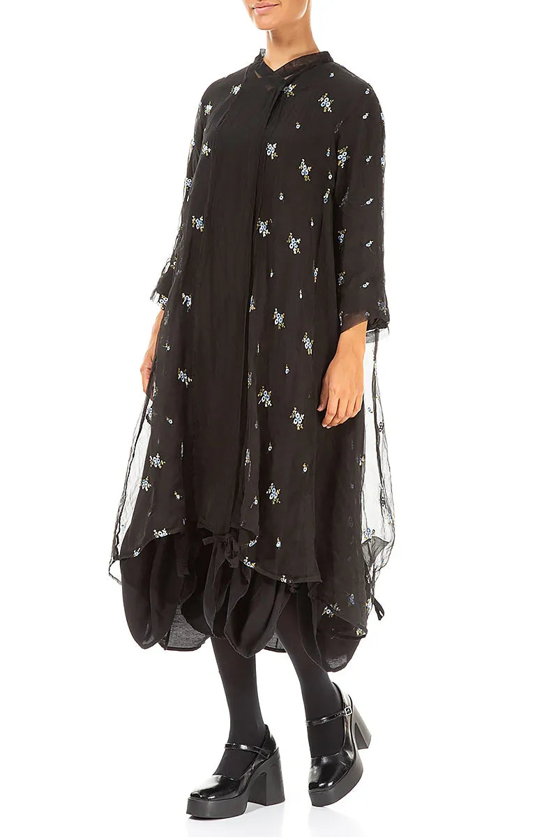 Embroidered Petals Black Silk Chiffon Jacket 3
