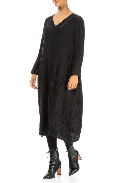 Long Sleeves V-Neck Crinkled Black Silk Dress 4