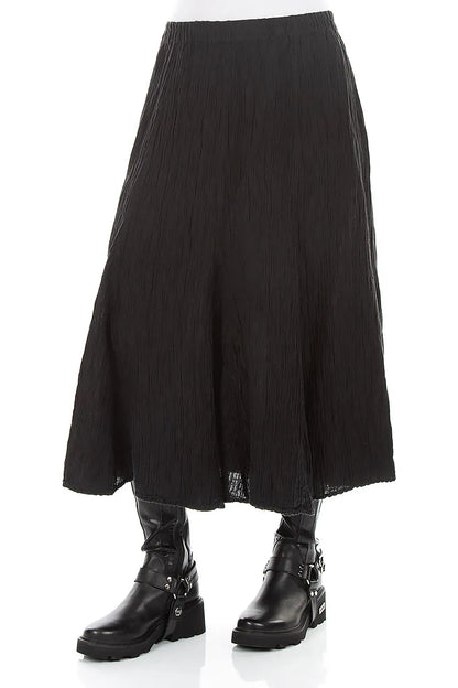 Flared Black Crinkled Silk Skirt