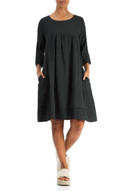 Flared Black Crêpe Linen Dress 4