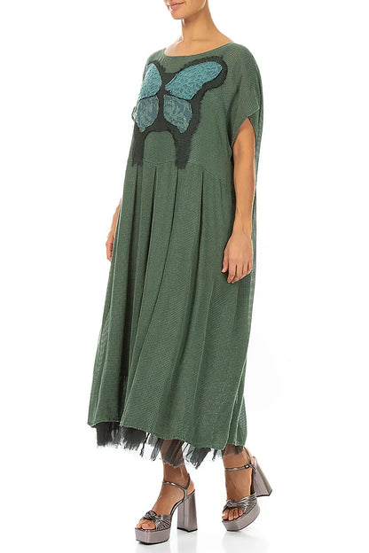 Flared Butterfly Sage Mesh Silk Dress 4