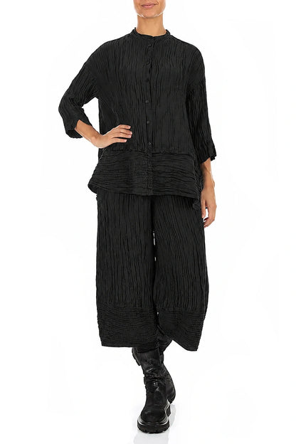 Flared Crinkled Black Silk Linen Shirt 4