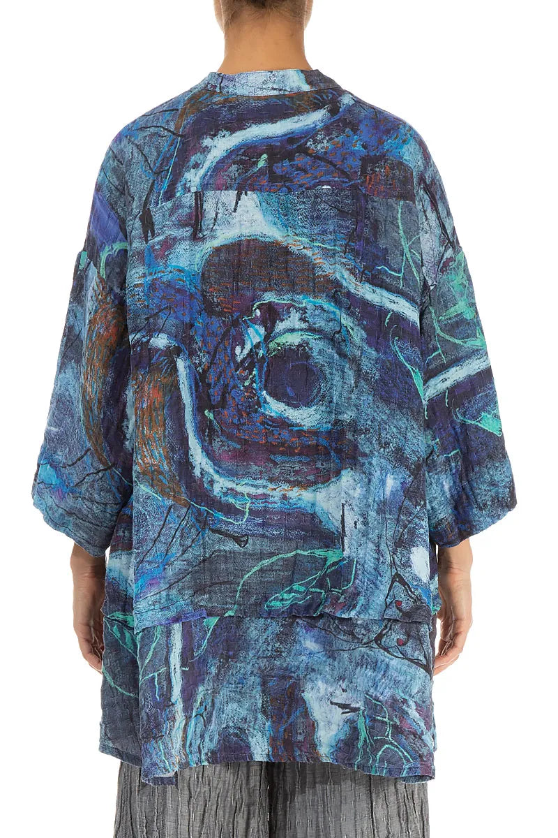 Flared Crinkled Blue Reverie Silk Linen Shirt 3