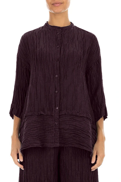 Flared Crinkled Deep Plum Silk Linen Shirt