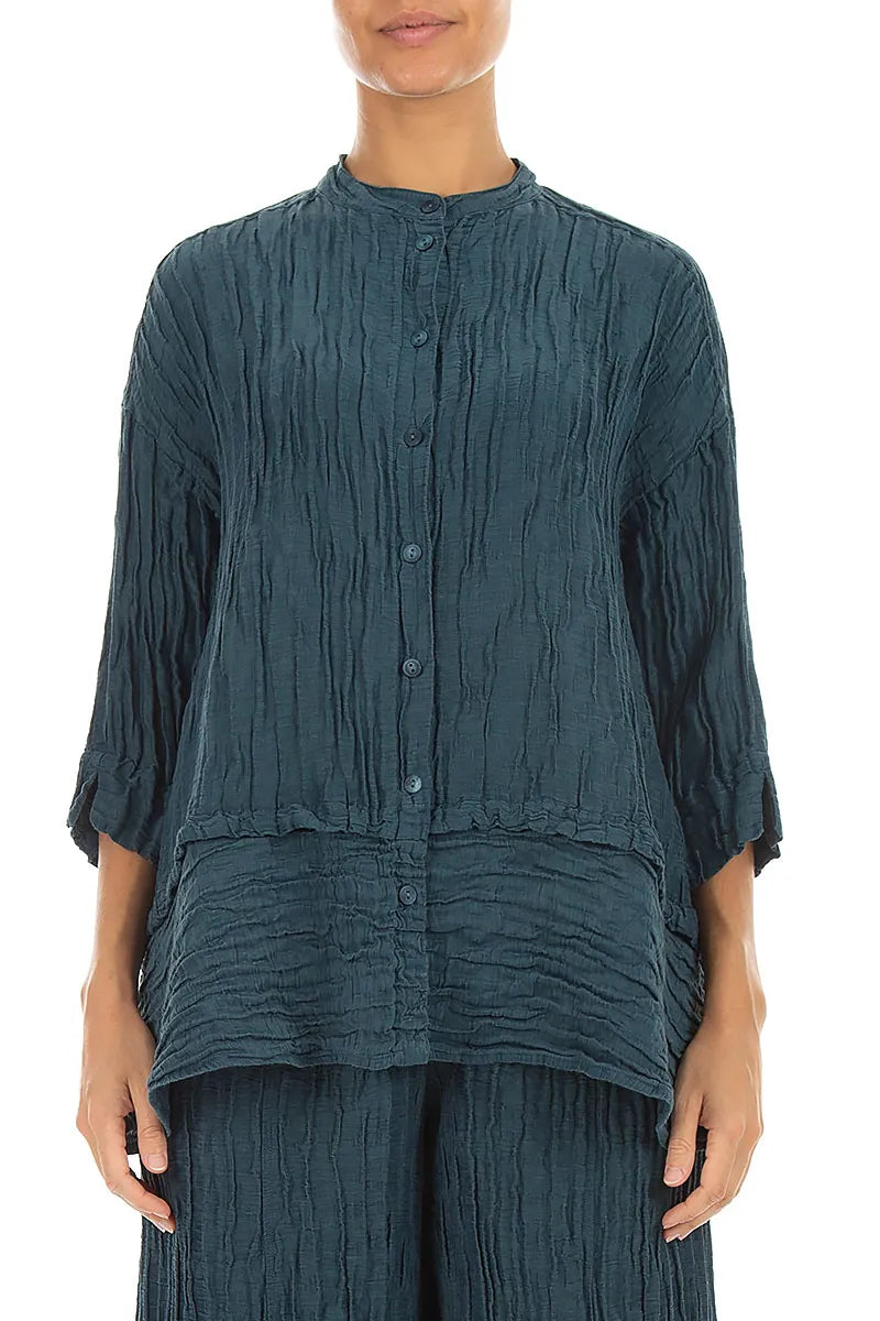 Flared Crinkled Deep Turquoise Silk Linen Shirt 1