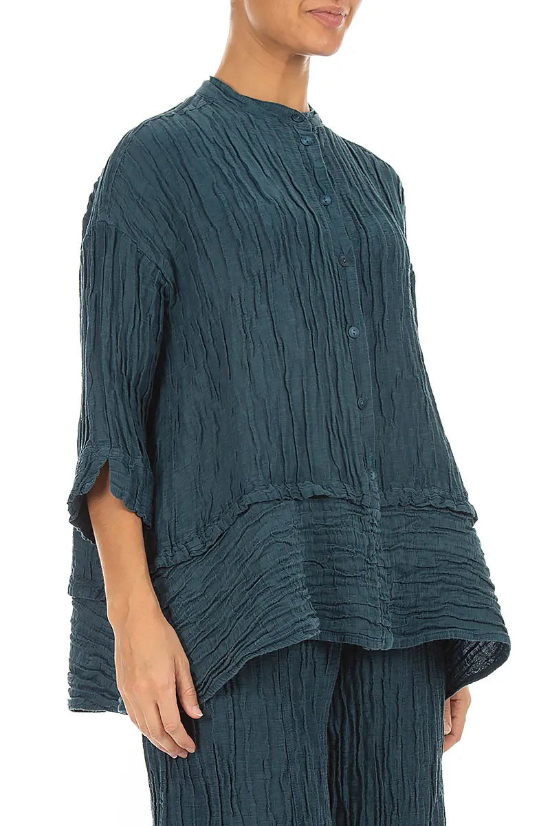 Flared Crinkled Deep Turquoise Silk Linen Shirt 3