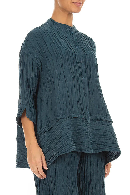 Flared Crinkled Deep Turquoise Silk Linen Shirt 3