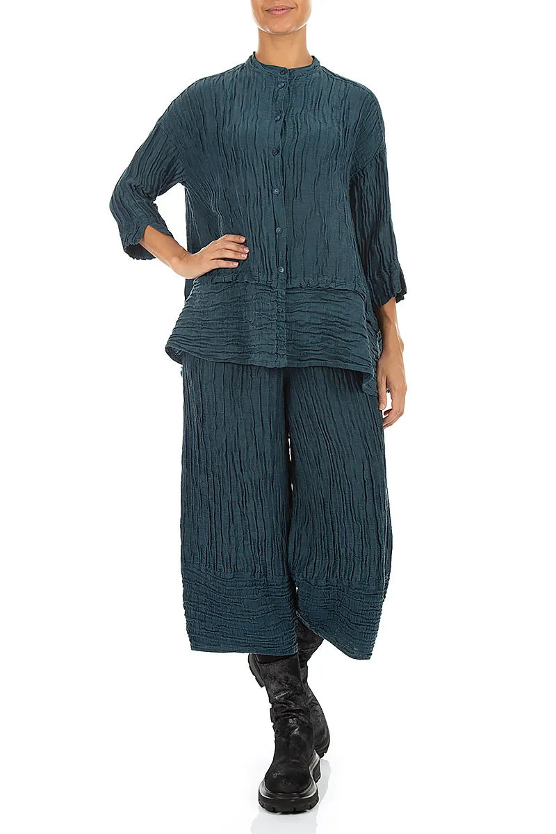 Flared Crinkled Deep Turquoise Silk Linen Shirt 4