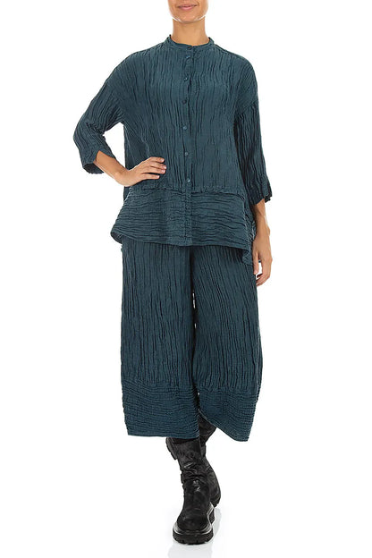 Flared Crinkled Deep Turquoise Silk Linen Shirt 4