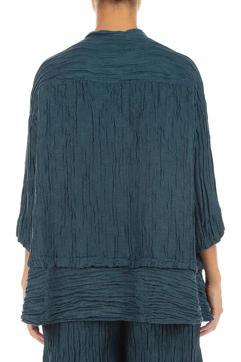 Flared Crinkled Deep Turquoise Silk Linen Shirt 2