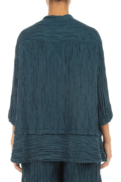 Flared Crinkled Deep Turquoise Silk Linen Shirt 2