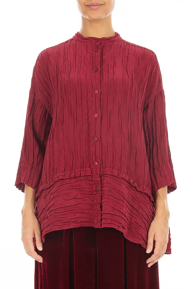 Flared Crinkled Ruby Silk Linen Shirt 1