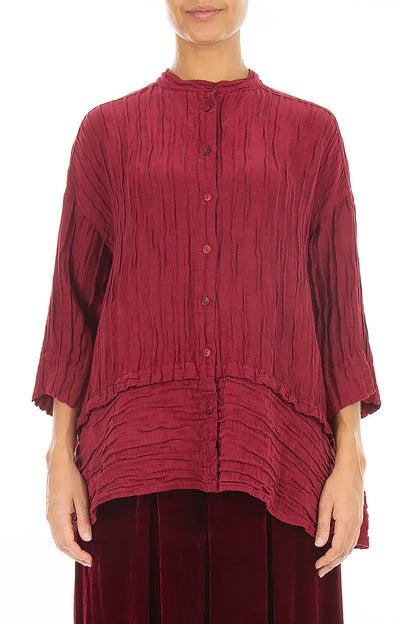 Flared Crinkled Ruby Silk Linen Shirt