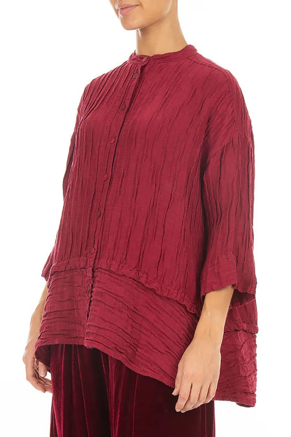 Flared Crinkled Ruby Silk Linen Shirt