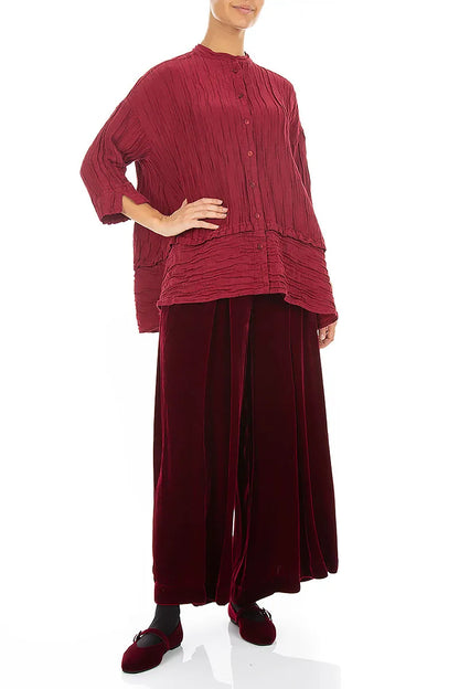 Flared Crinkled Ruby Silk Linen Shirt