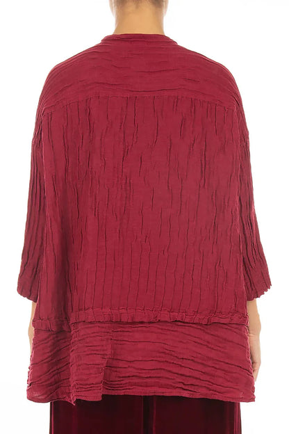 Flared Crinkled Ruby Silk Linen Shirt